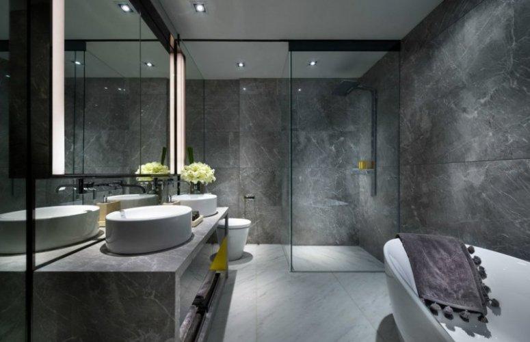 卫生间灰色系瓷砖铺装效果图大理石浴室柜图片